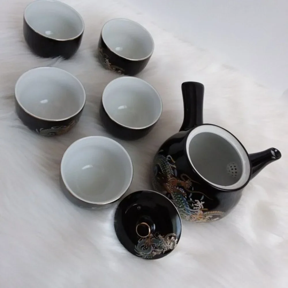 Side Handled 6 Piece Sake Tea Set Black Gold